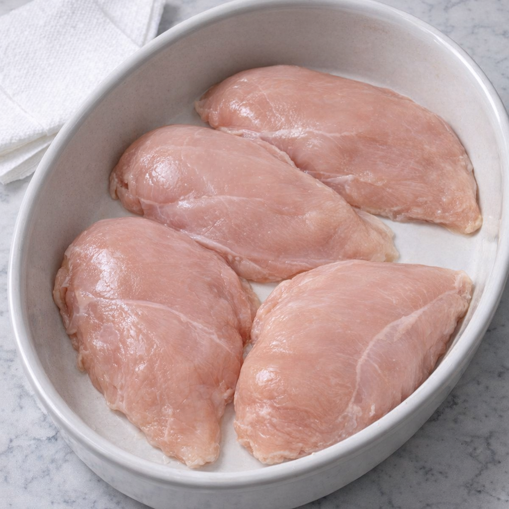 Raw chicken arranged in baking dish