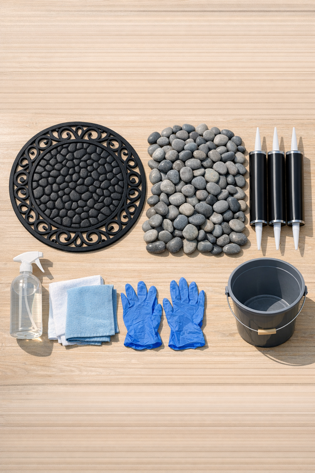 Round rubber mat, smooth gray river rocks, and adhesive laid out for the project