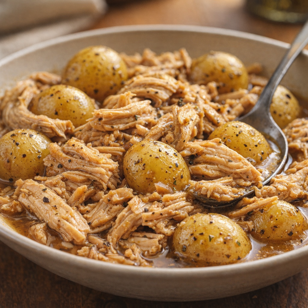 Served bowl of shredded chicken and potatoes with herbs
