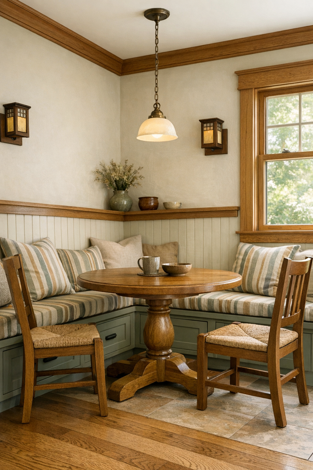 Cozy Craftsman dining nook with built-in banquette, oak table, and soft natural light