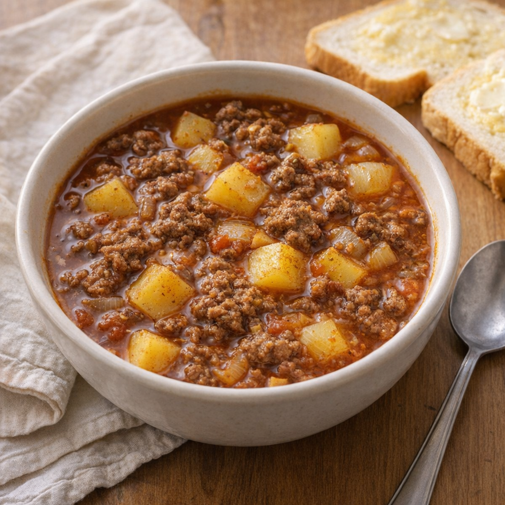 Bowl of mulligan stew with bread on a kitchen table