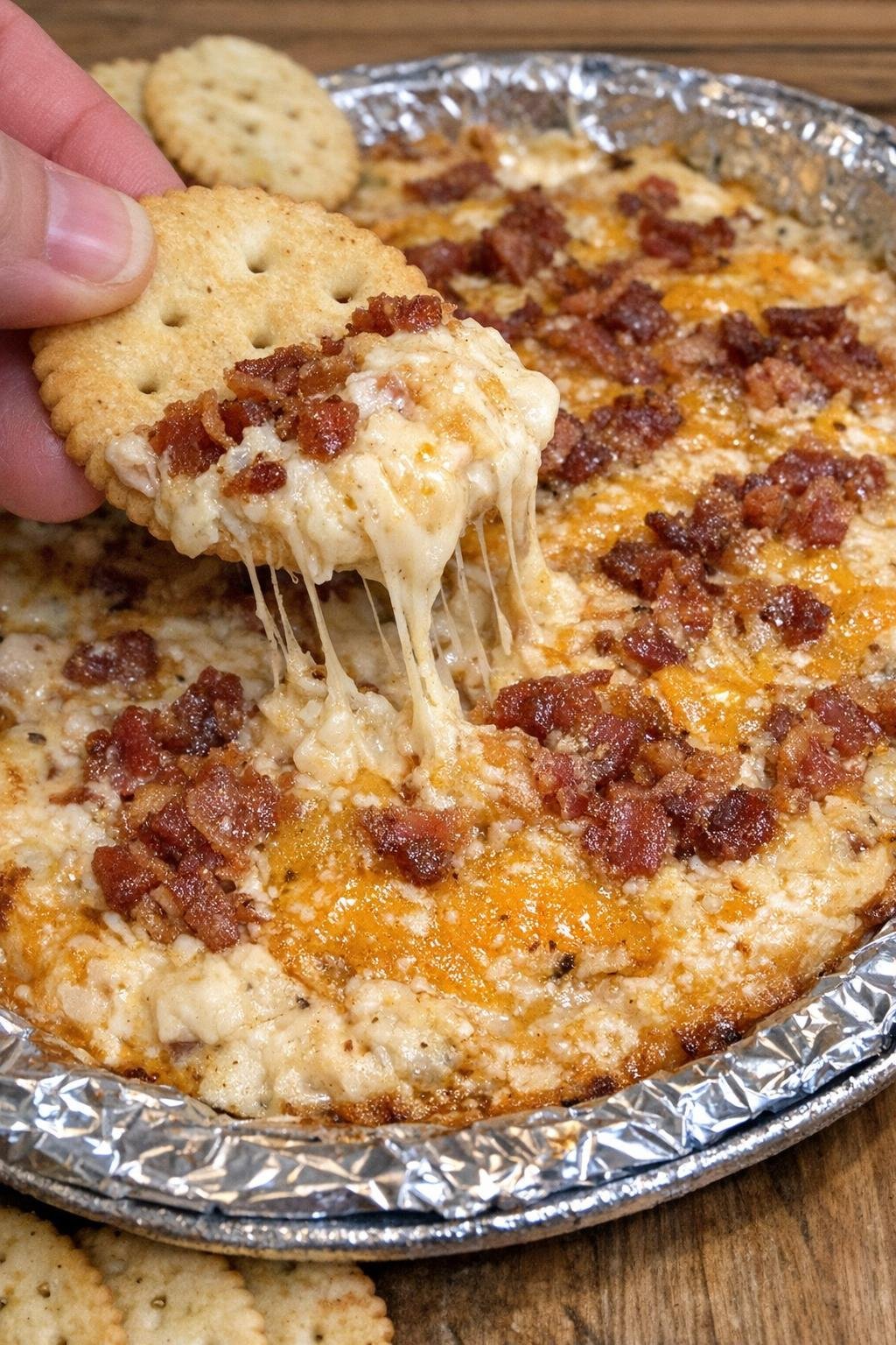 Hot bubbling cheesy dip with bacon and a cracker scoop