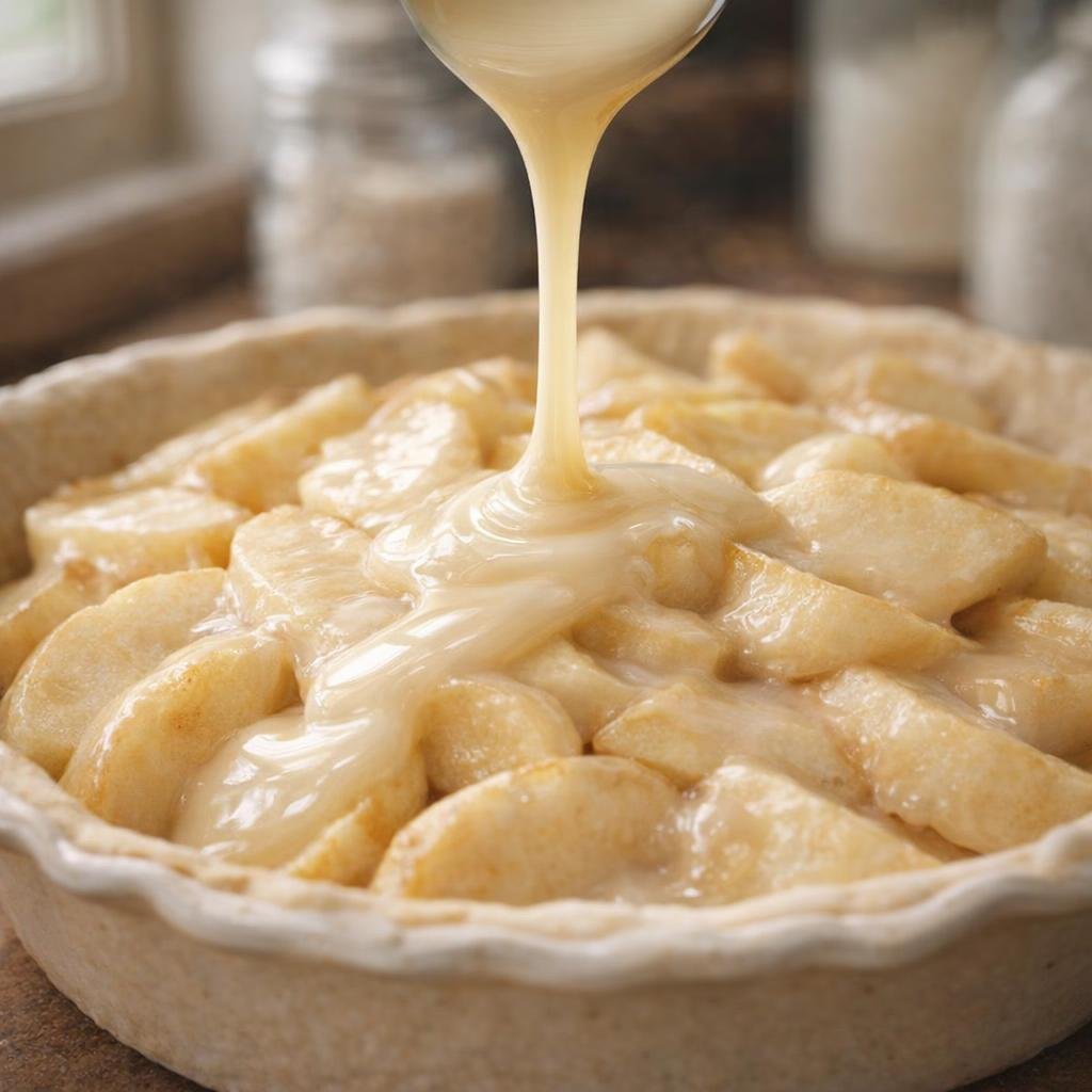 Condensed milk being poured over raw apples in a pie shell