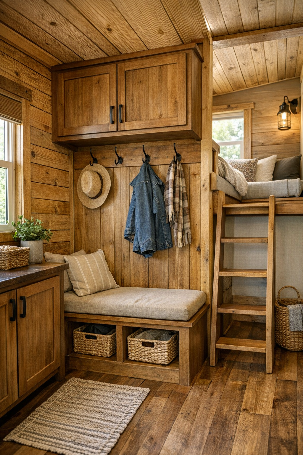 Thoughtfully designed small-space area with built-in storage, bench, and timber finishes