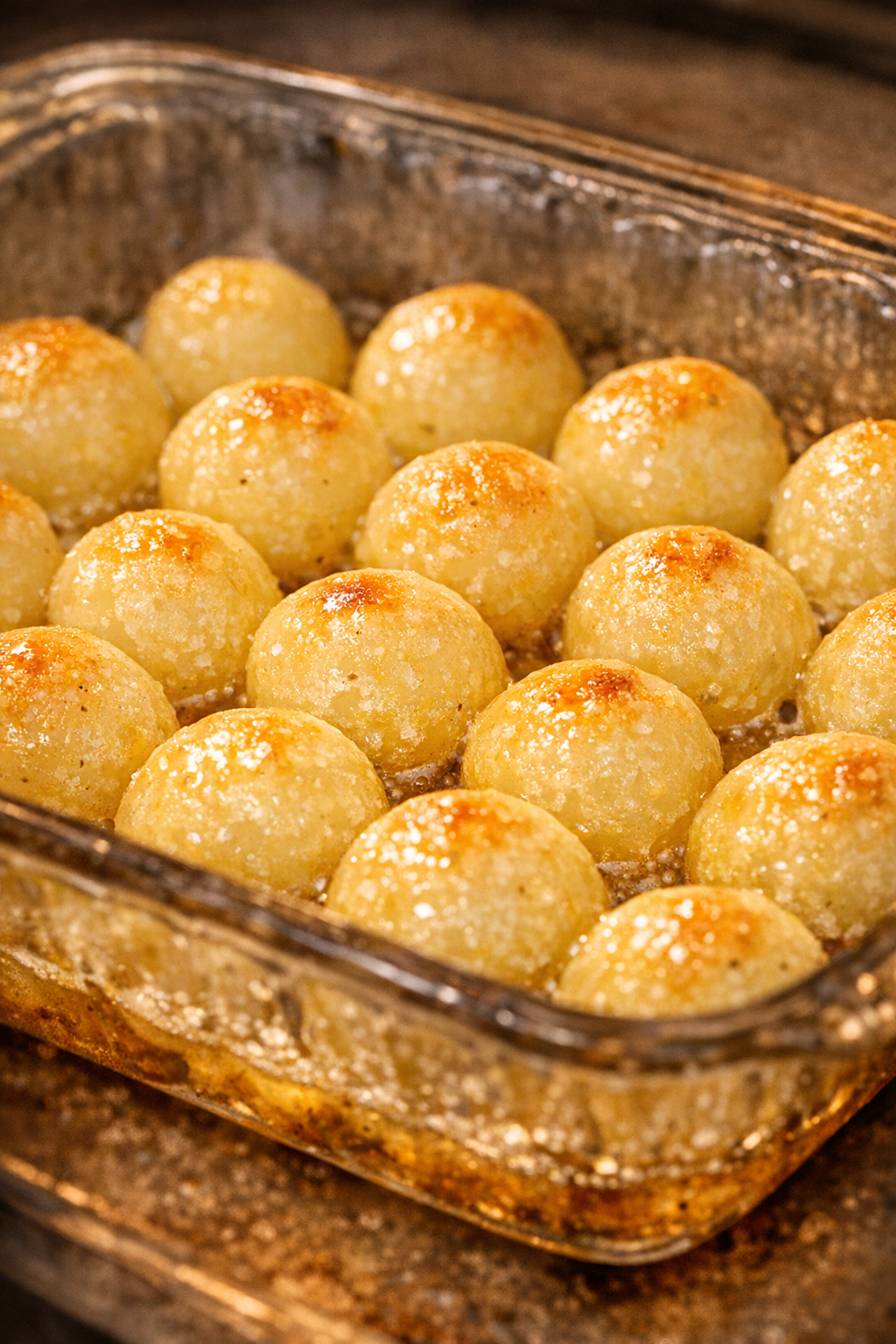Potato balls roasting to a light golden color in the oven dish