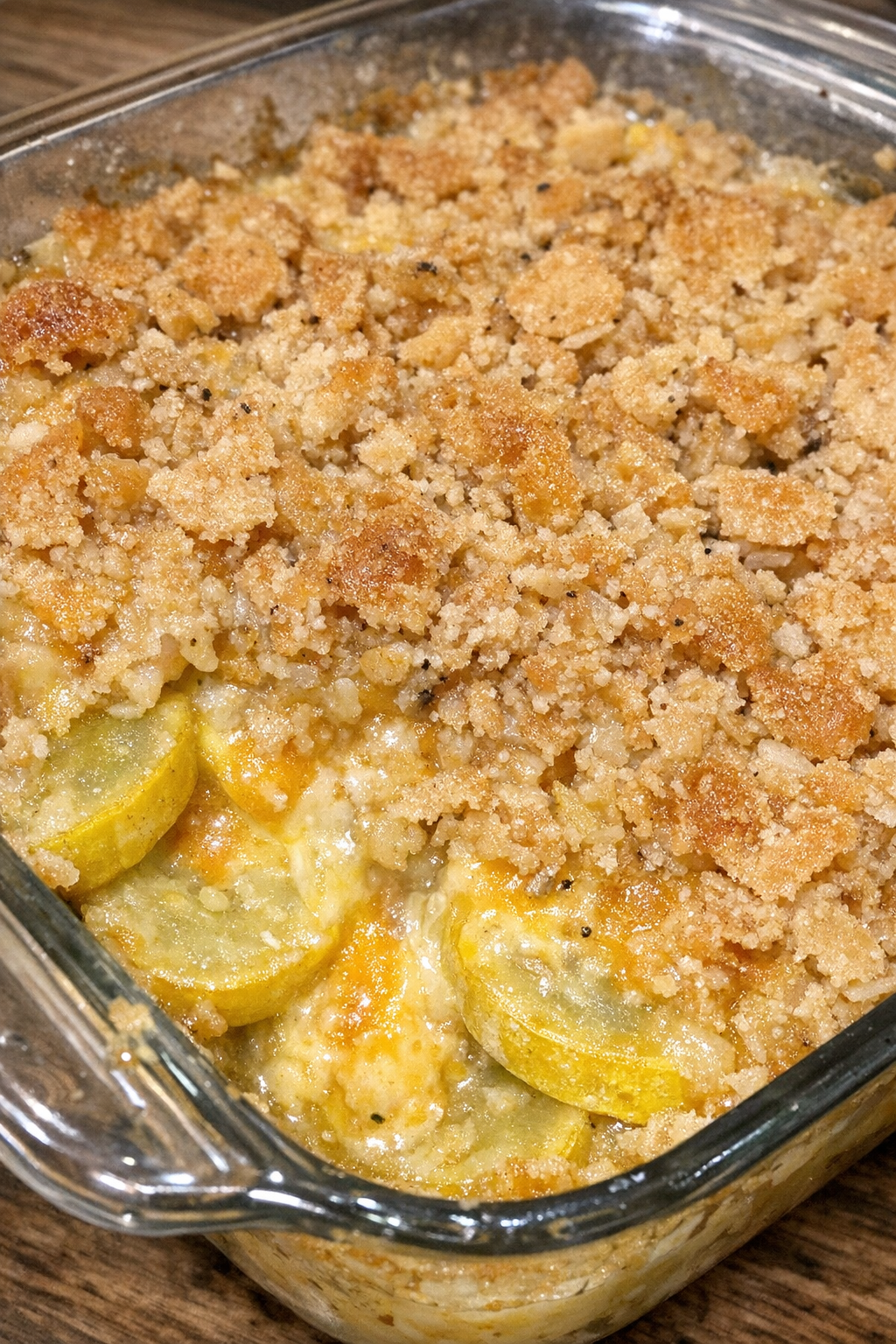 Bubbly squash casserole with cheese and cracker topping