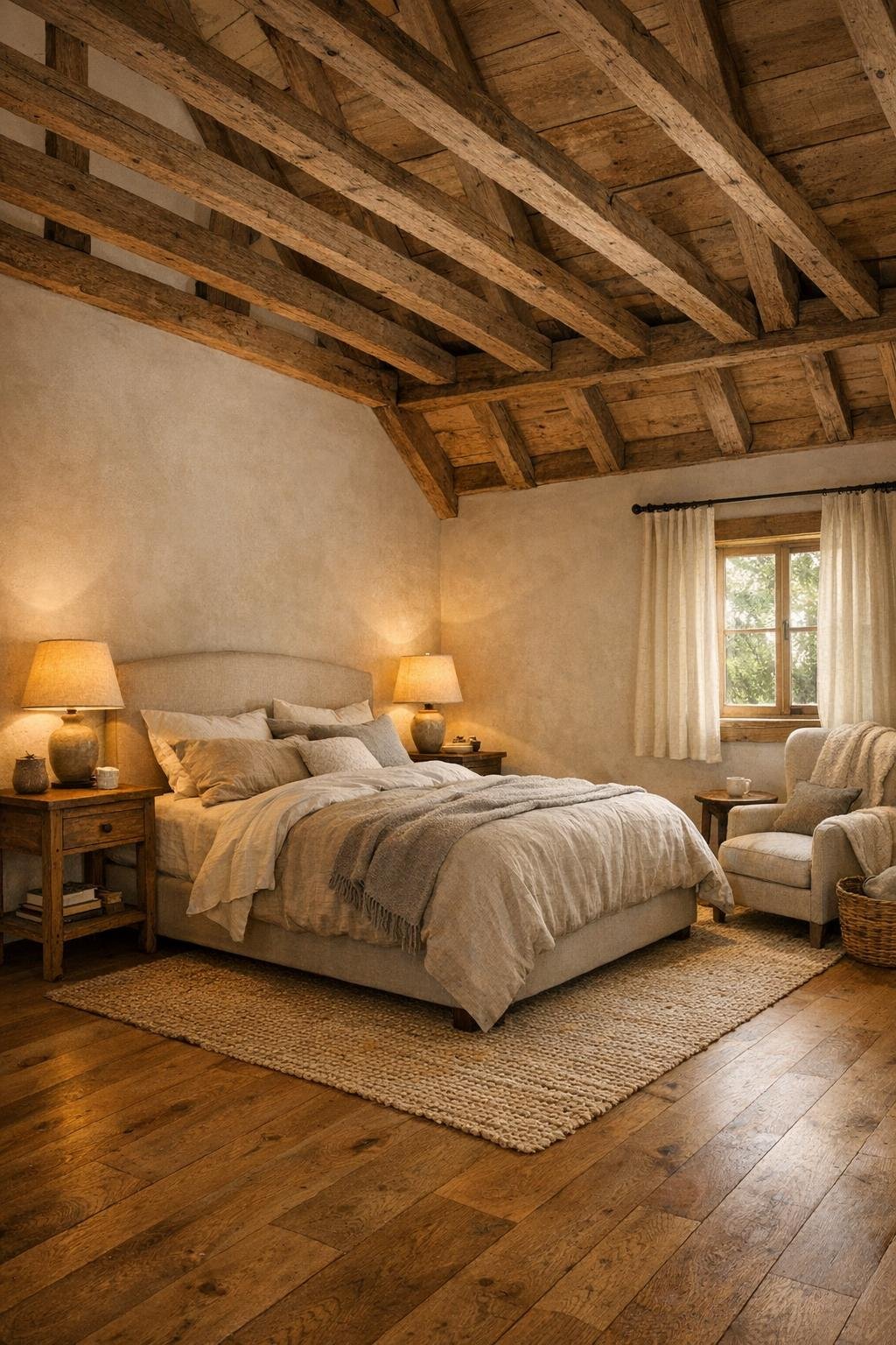 Calm farmhouse bedroom with layered linens and exposed rafters