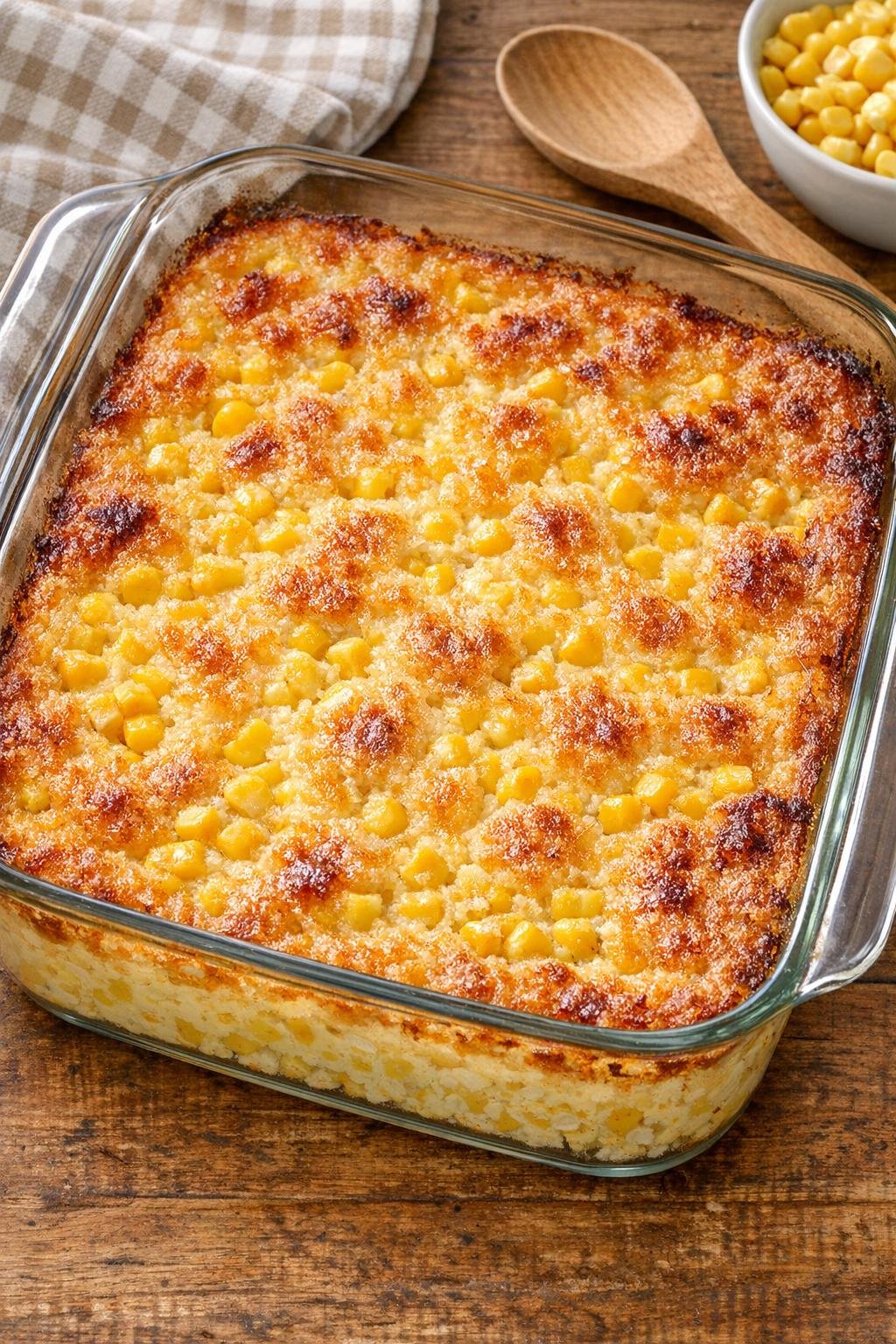 Finished baked corn dessert in a glass baking dish