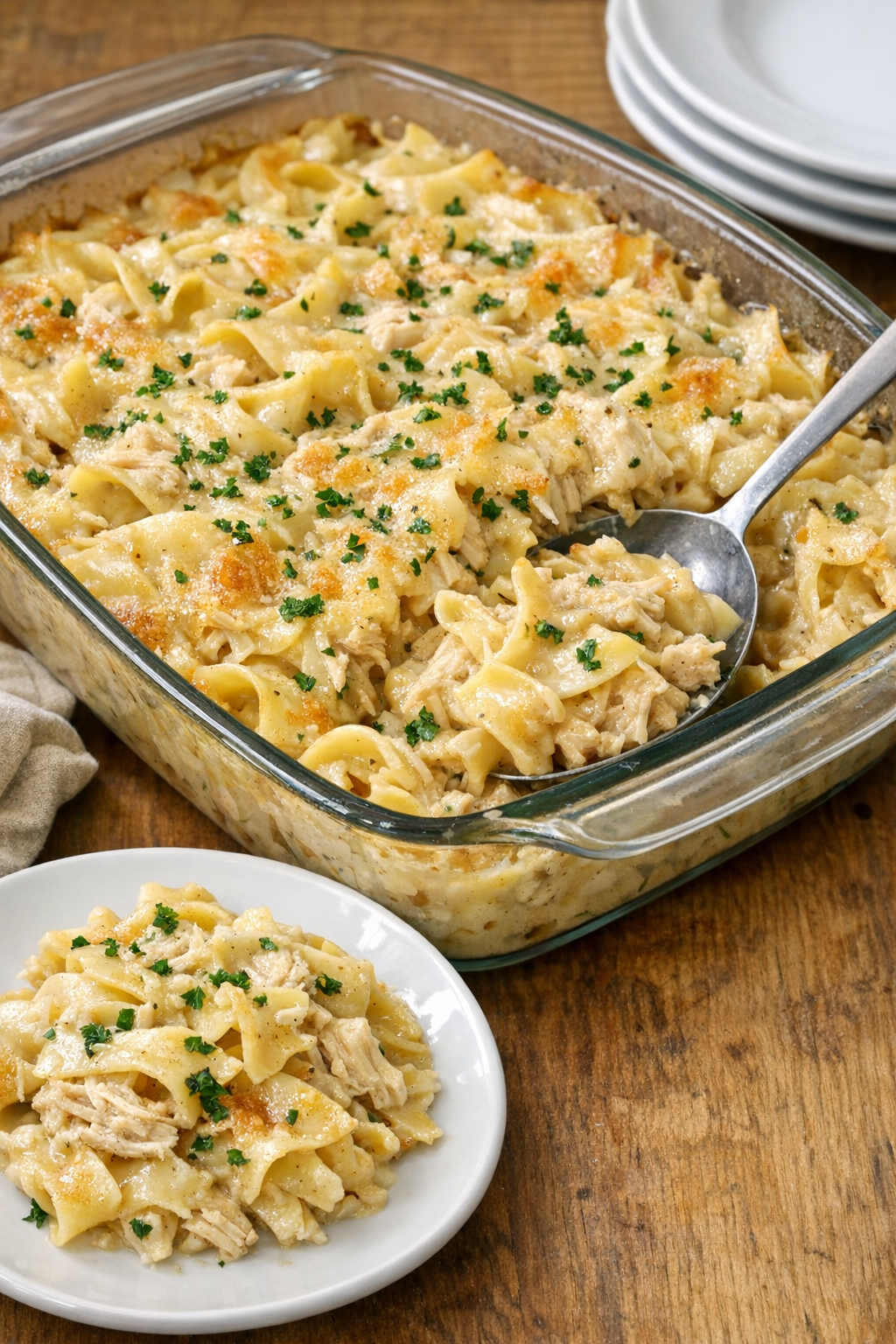 Baked chicken gravy noodles casserole in a baking dish