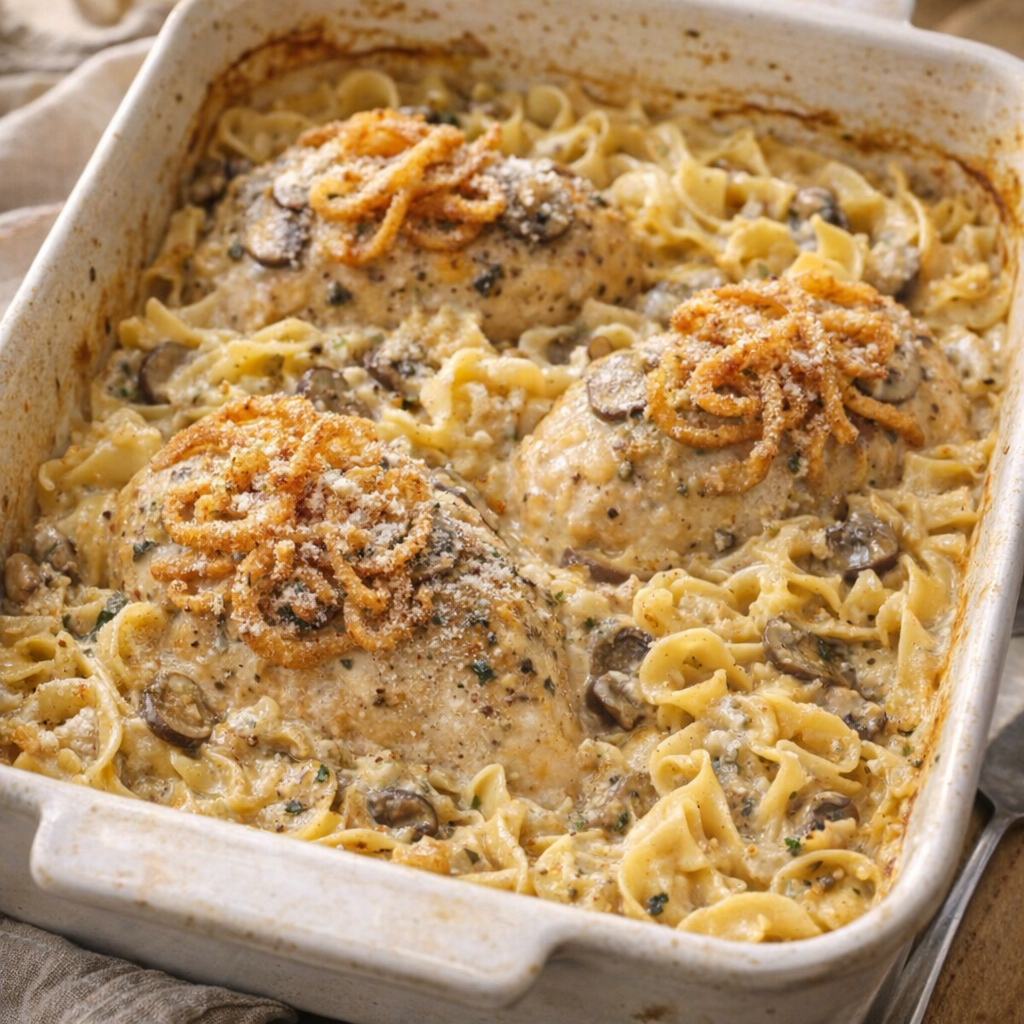 Chicken royale variation with noodles baked into the casserole