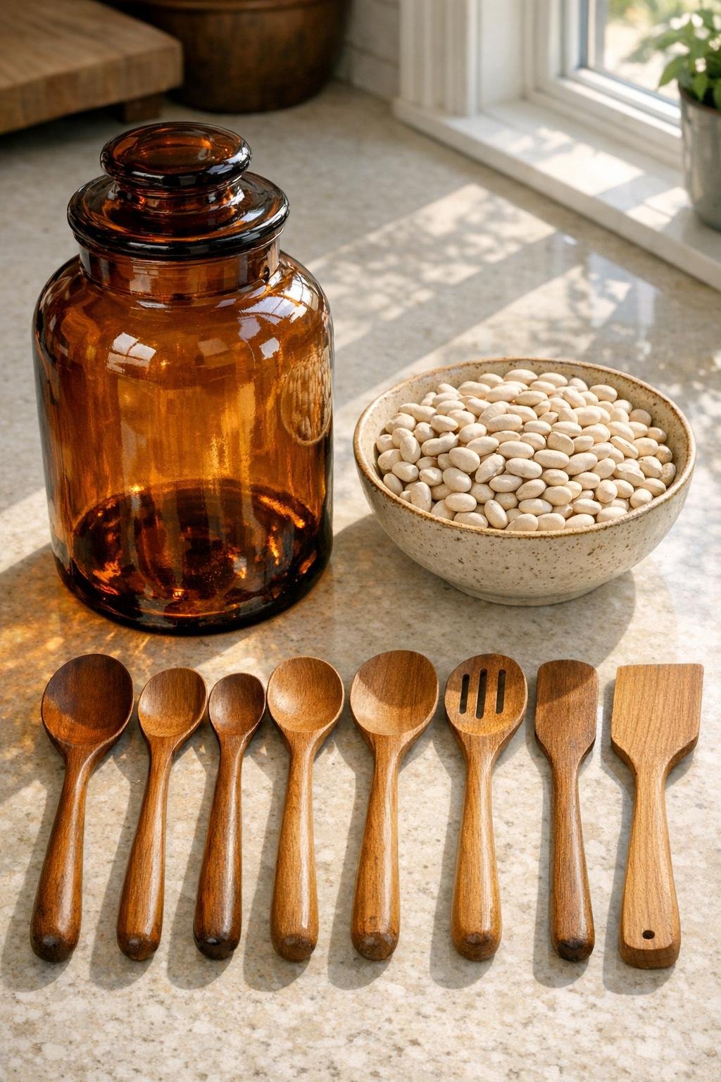 Amber glass jar, dried white beans, and wooden spoons laid out for the project