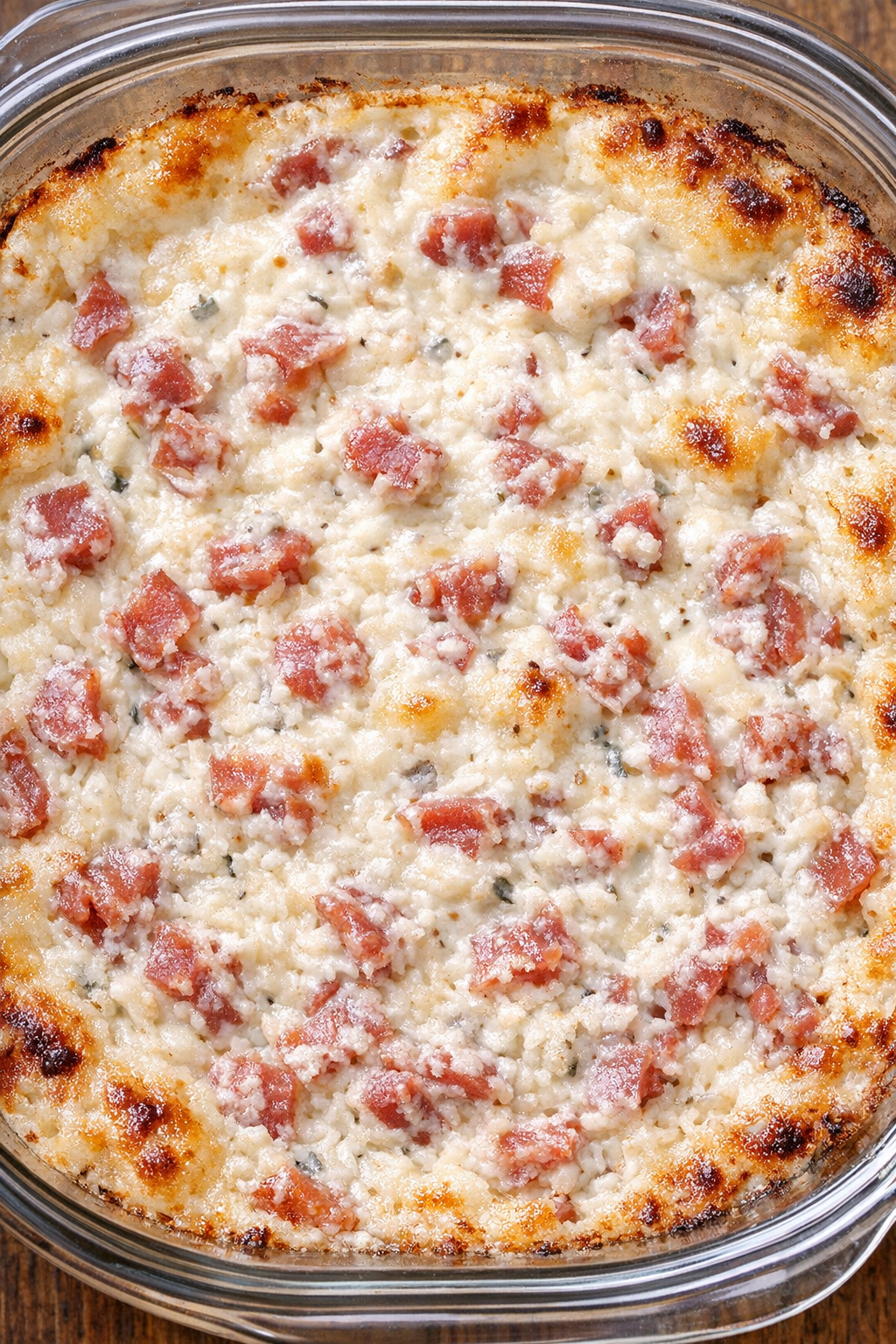 Southern chipped beef dip baked in a glass casserole dish