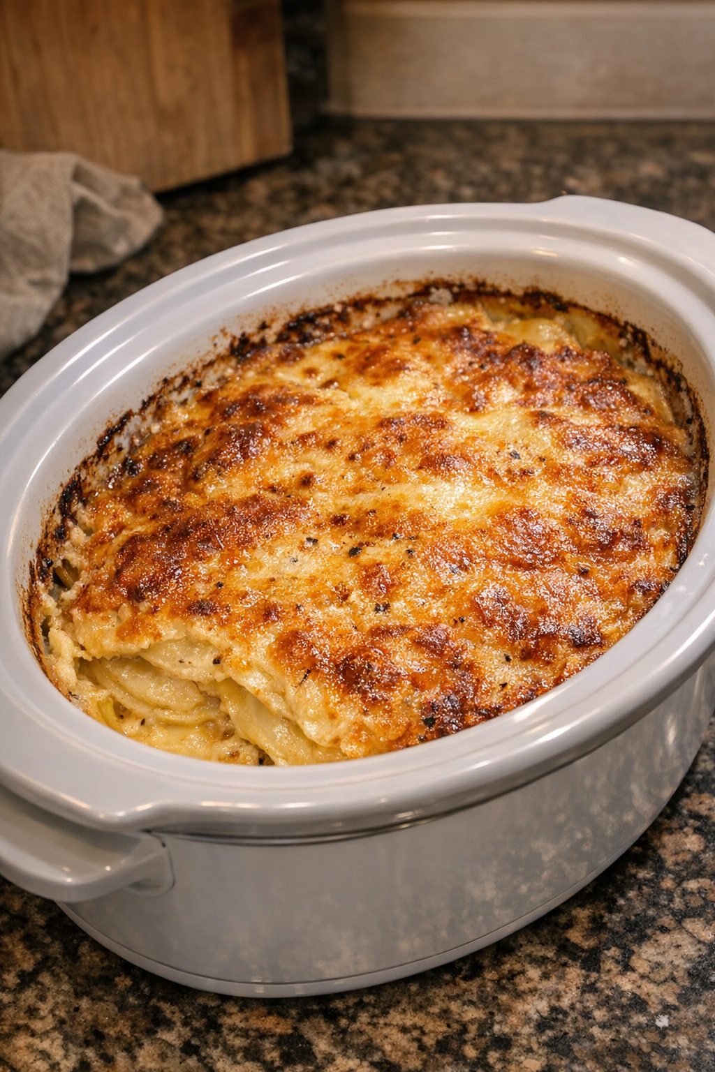 Finished slow cooker potato gratin in a white oval slow cooker