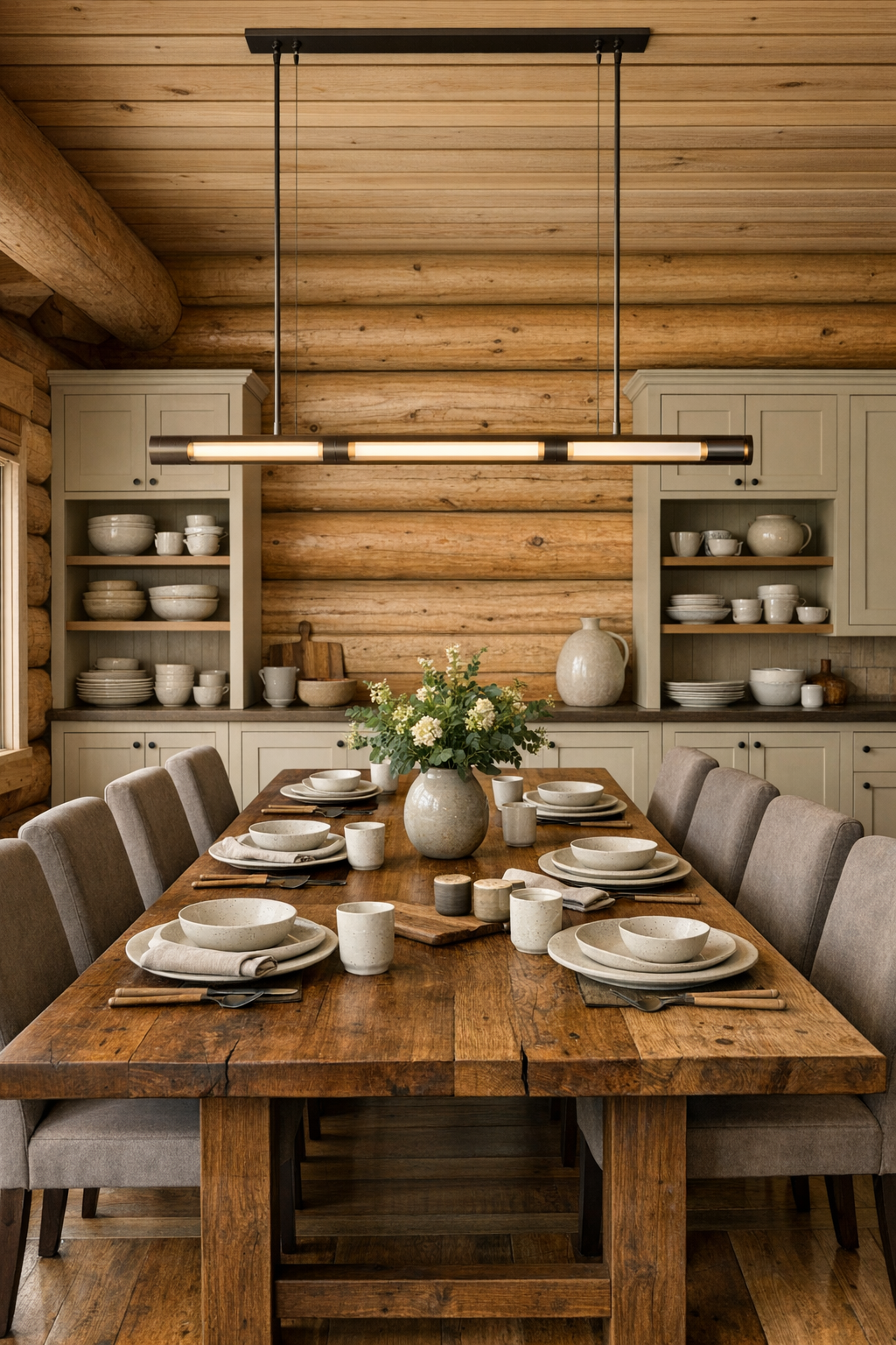 Dining room with handcrafted wood table, upholstered chairs, and warm cedar backdrop