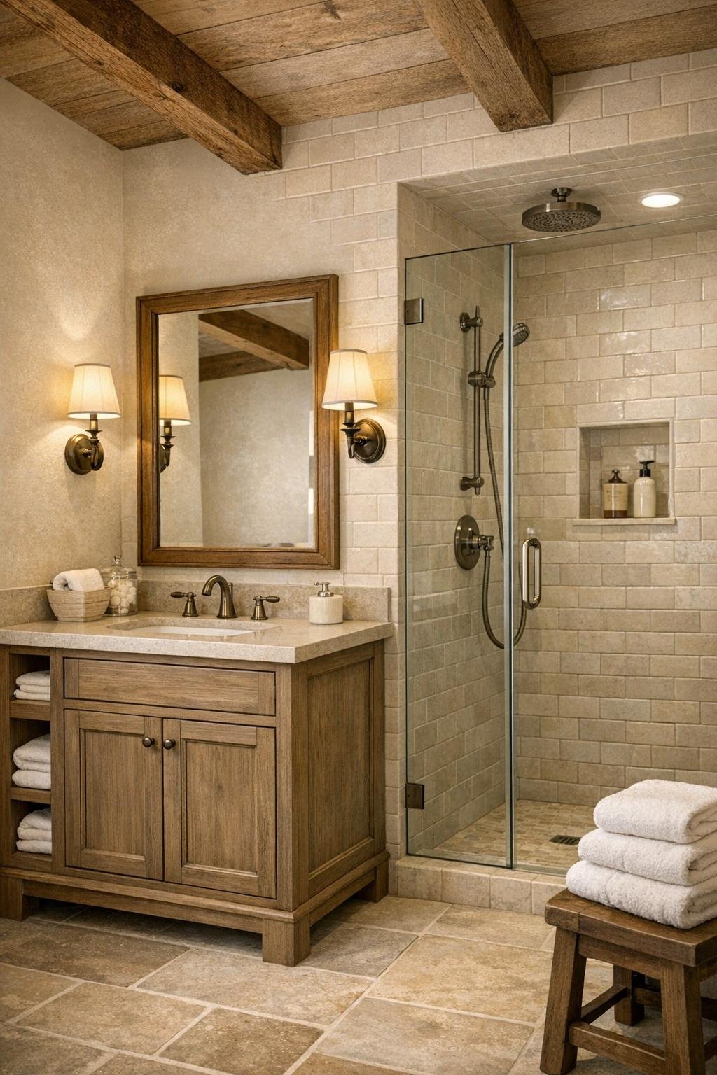Simple elegant bathroom with oak vanity, pale tile, glass shower, and soft sconce lighting