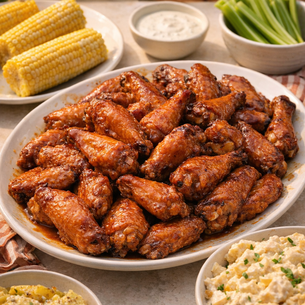 Platter of glazed wings with classic picnic sides