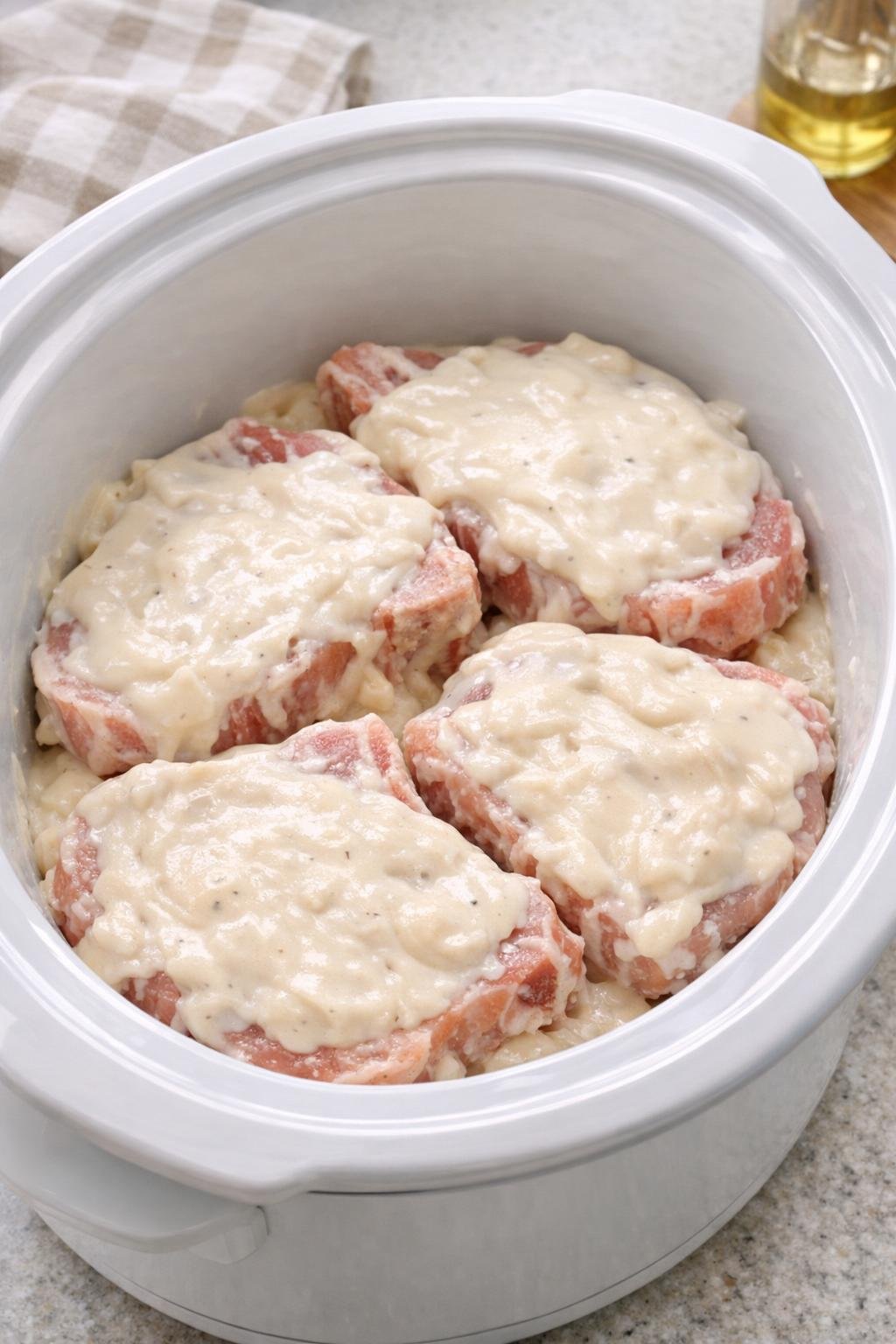 Romige soep uitgespreid over rauwe varkenskarbonades in een slowcooker.