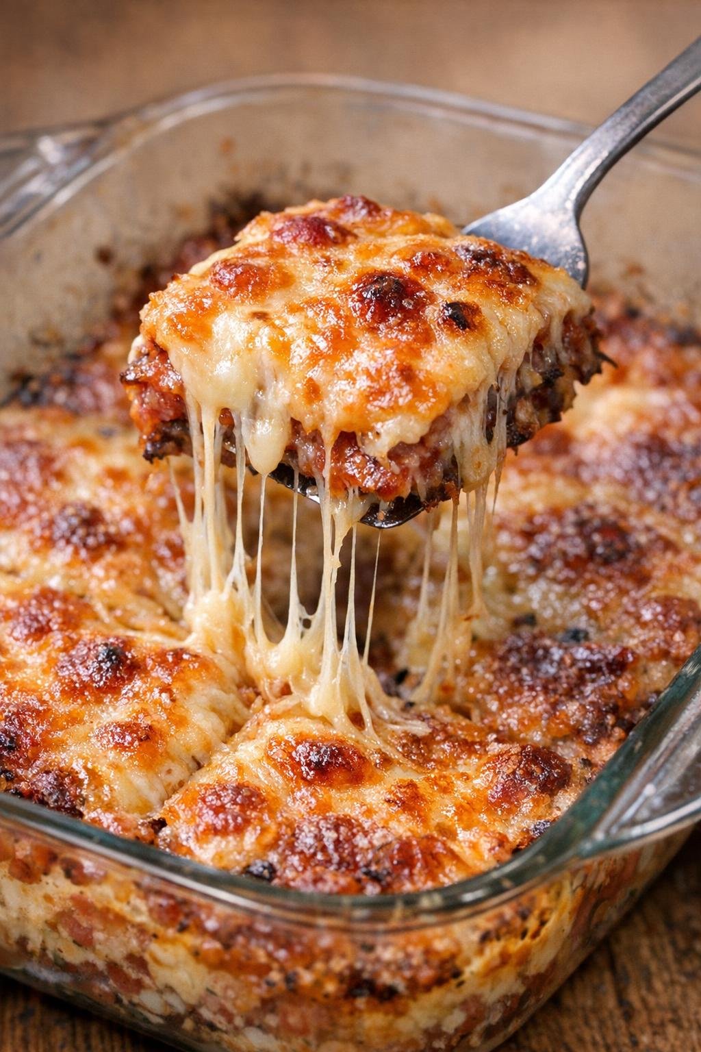Low carb salami bake with a cheesy square being lifted out