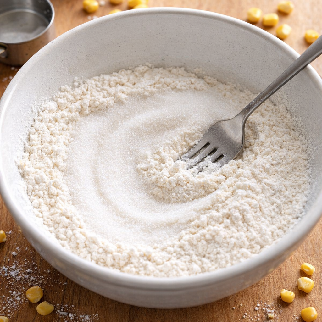Flour and sugar being mixed in a kitchen bowl