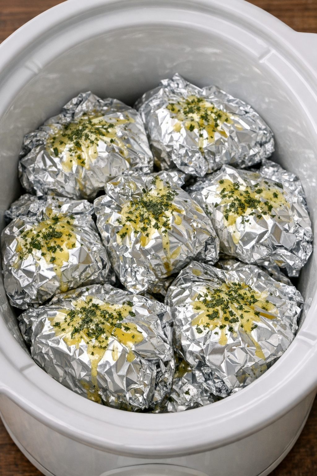 Slow cooker cheesy ranch tortellini foil packets in a white slow cooker