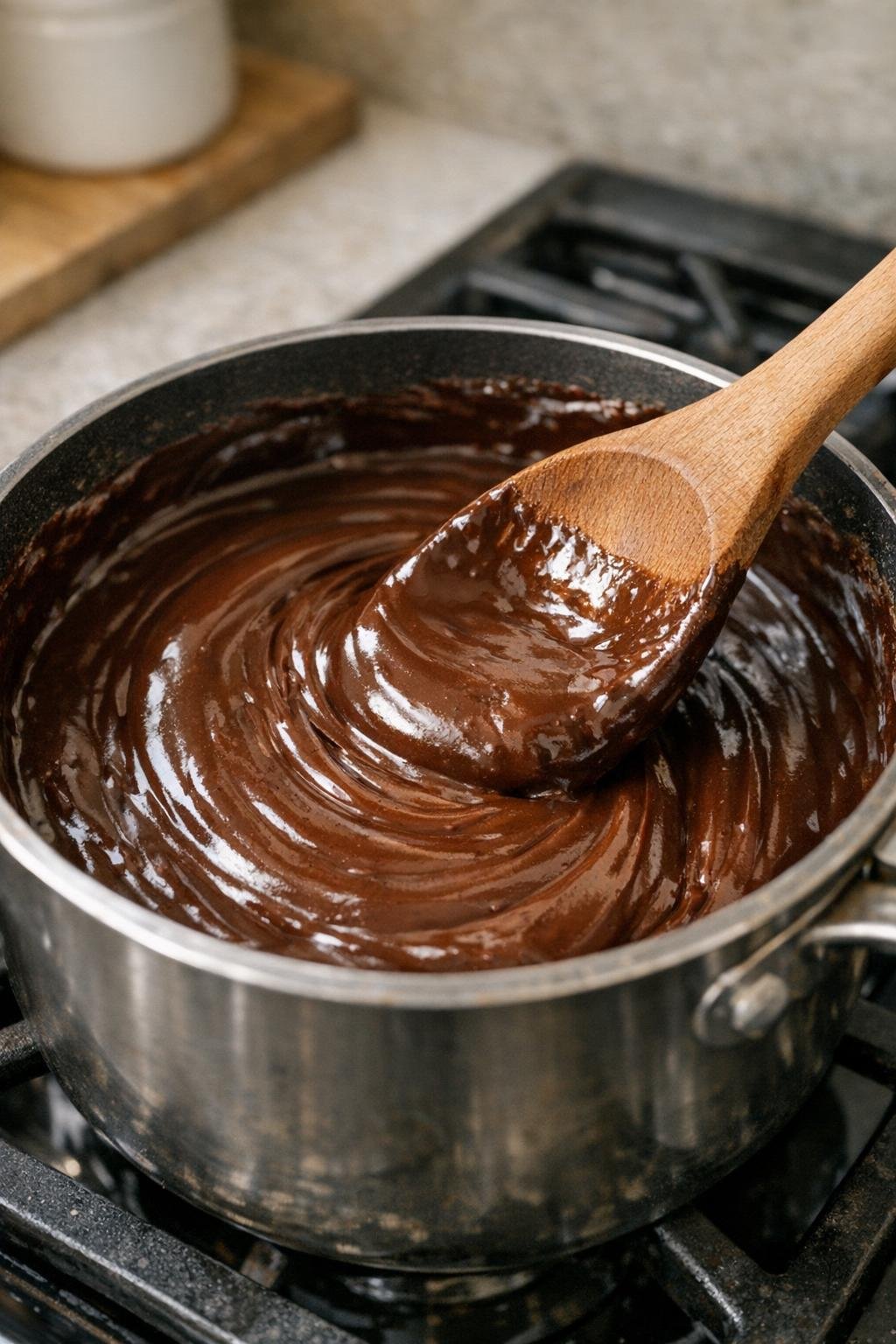 Melted chocolate mixture in a saucepan