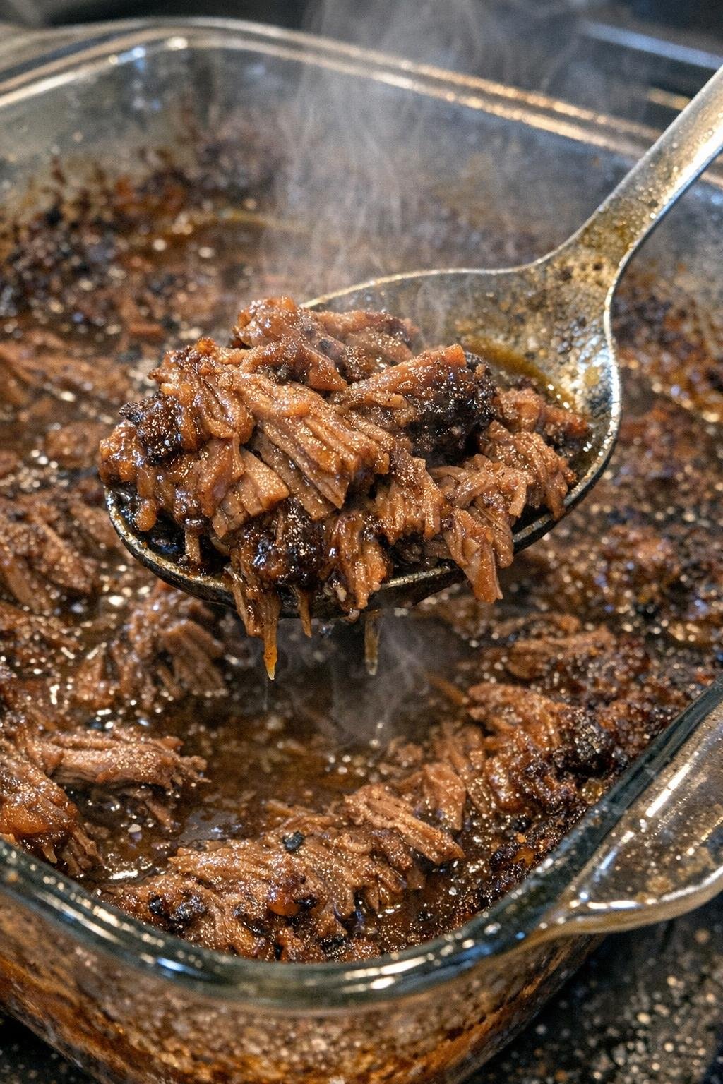 Tender shredded beef in dark gravy in a glass baking dish