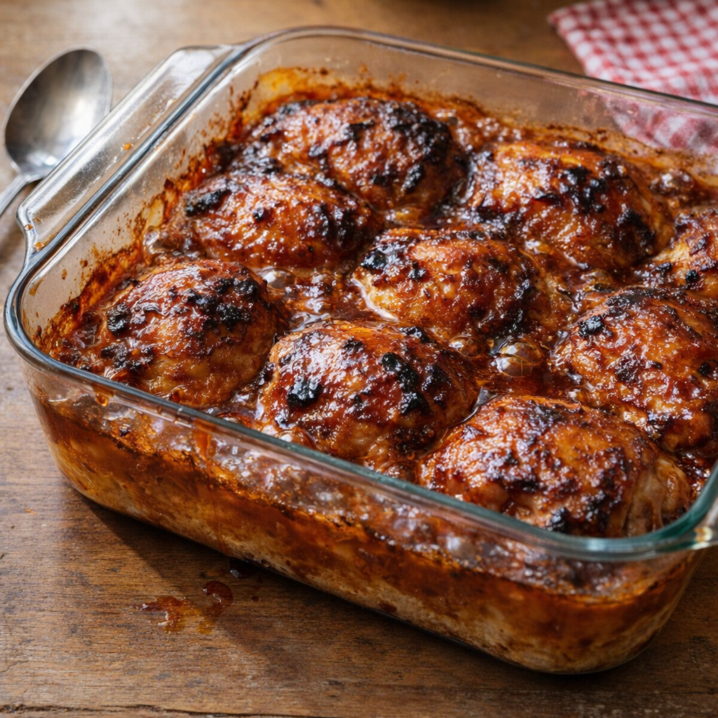 Glass casserole dish of amber chicken ready for a family meal
