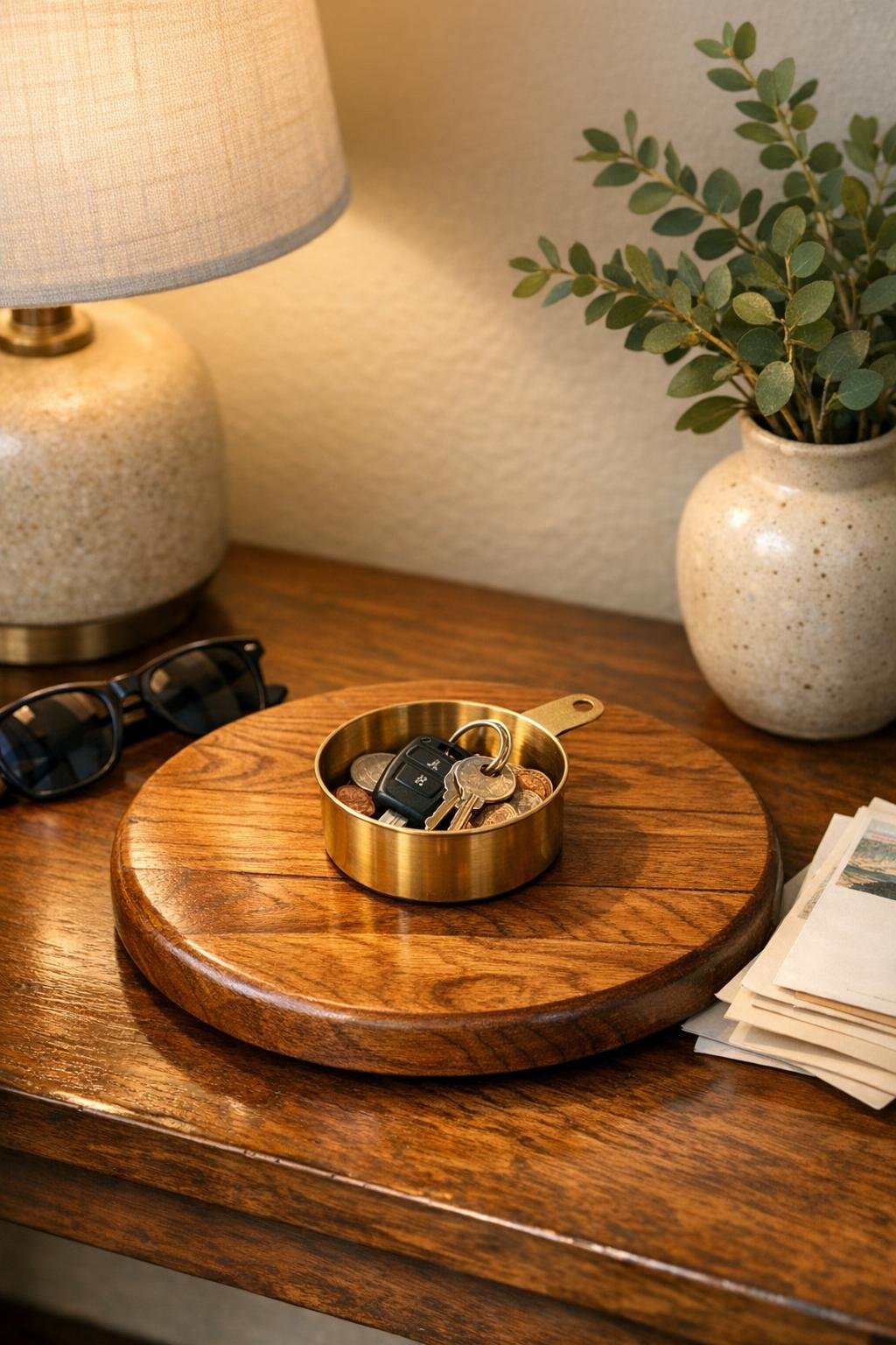 Finished wooden lazy susan key and coin bowl styled on an entryway table