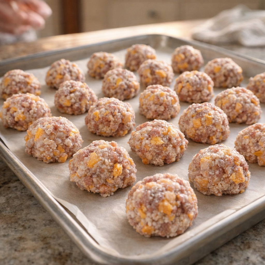 Unbaked sausage balls lined up on a parchment-covered sheet pan