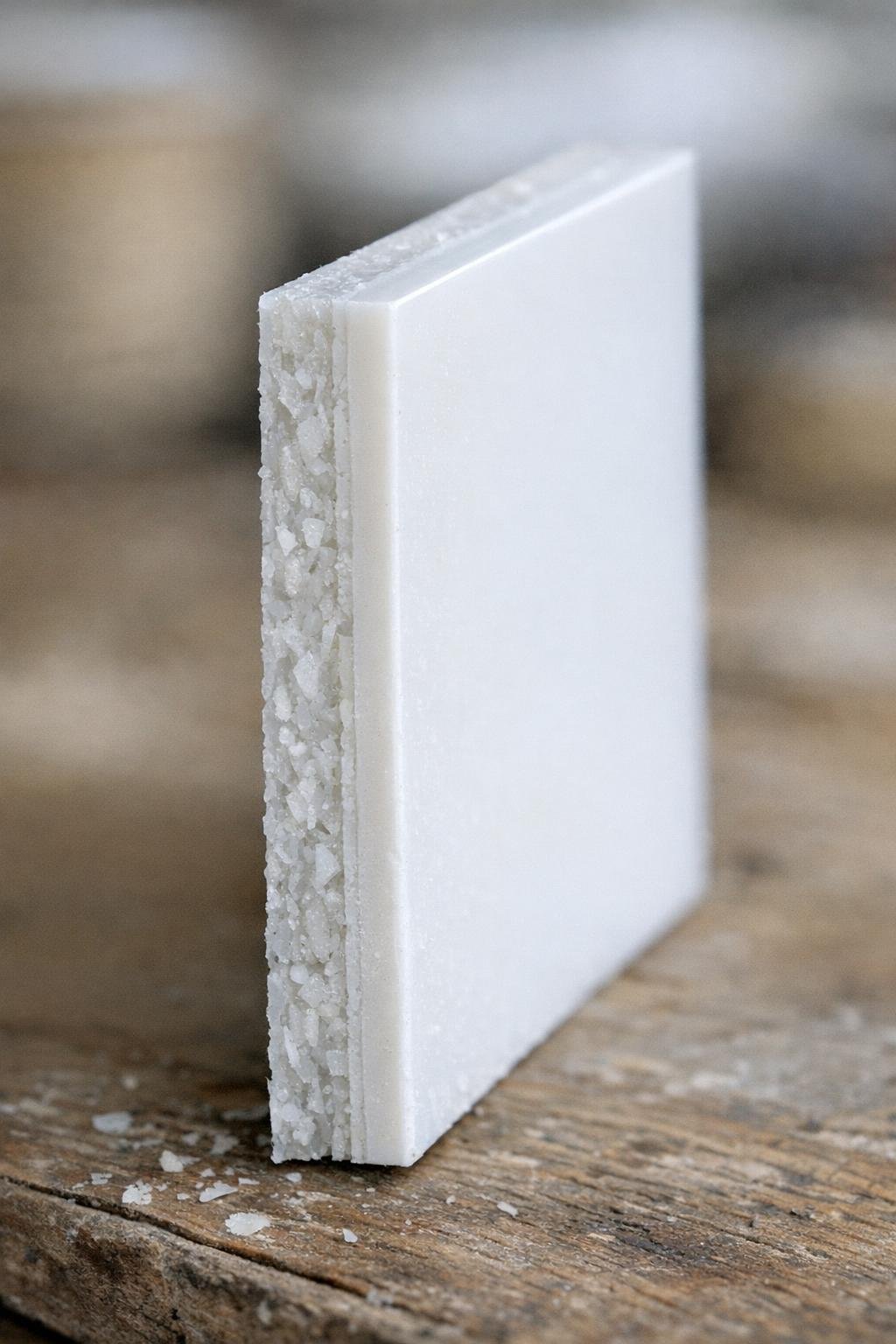 Side view showing the thickness of a finished fused plastic tile