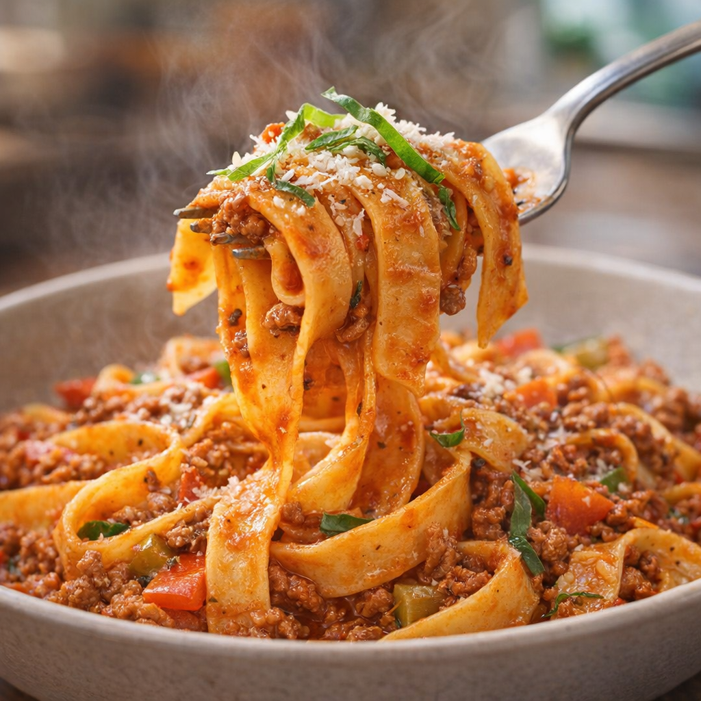 Finished noodles being twirled with Parmesan and basil
