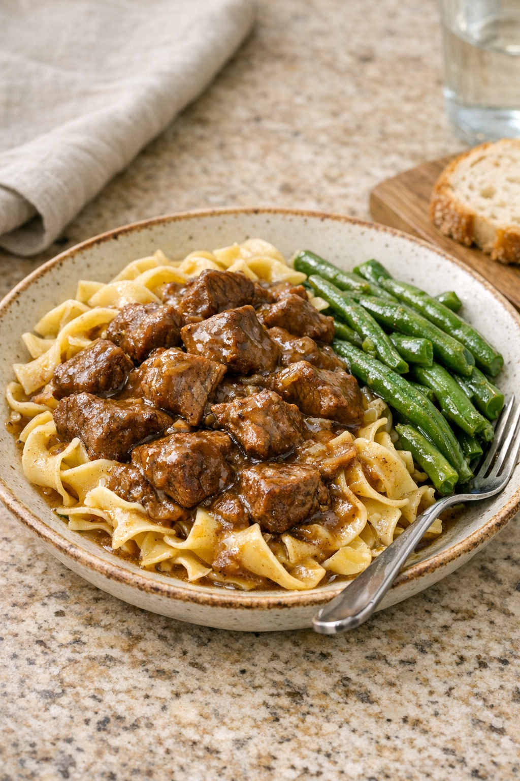 Plated beef and noodles with a simple vegetable side