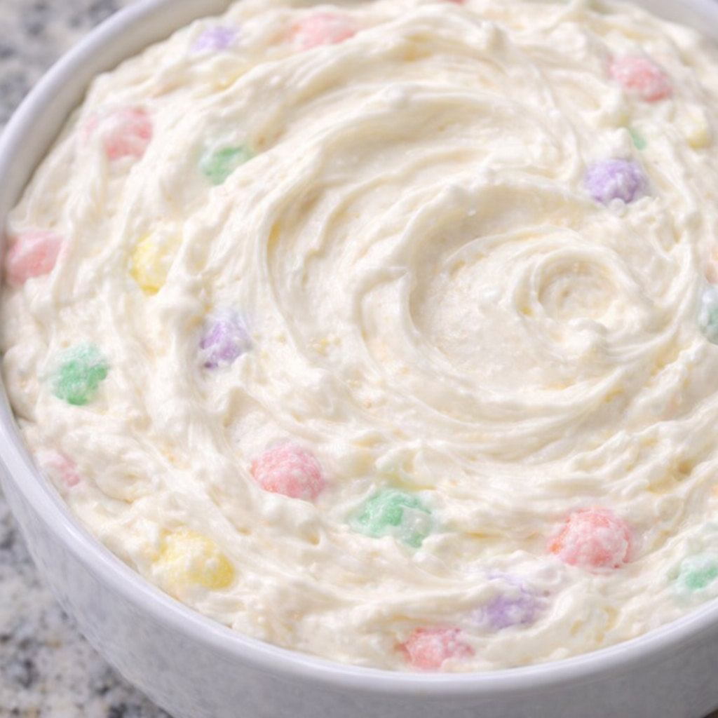 Ultra-smooth sweet fluff dip swirled in a bowl with a creamy texture