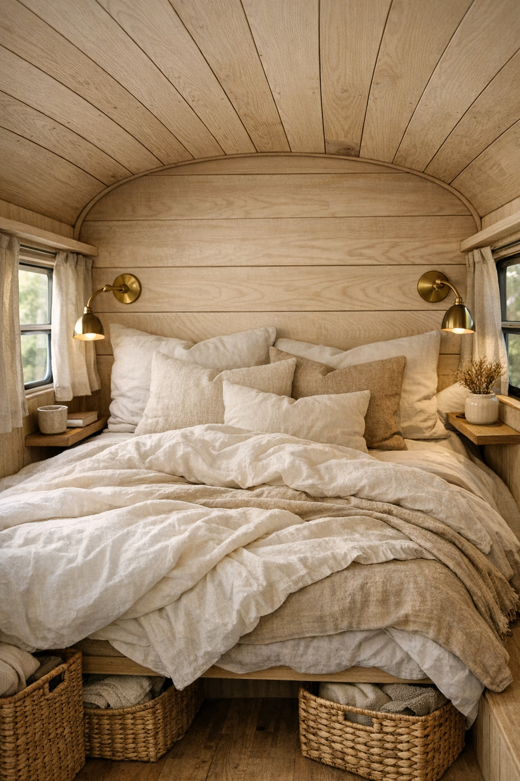 Calm bedroom nook with built-in bed, linen bedding, and light wood surround