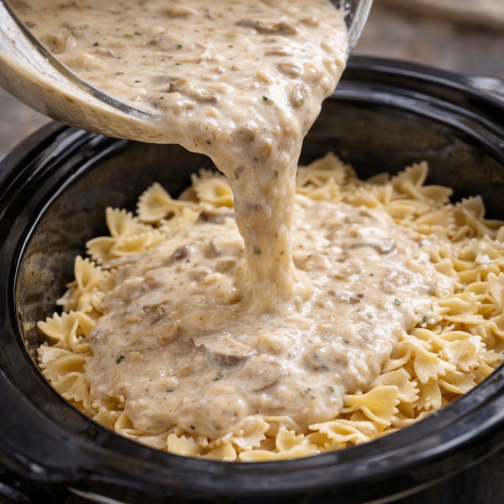 Creamy broth mixture being poured over farfalle