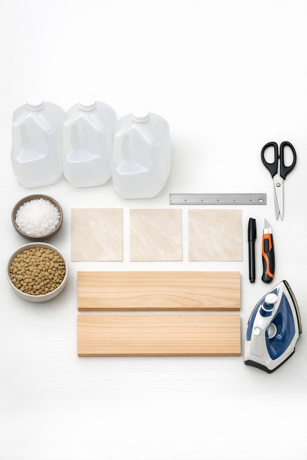Materials for making ironed milk jug harvest floor tiles laid out on a work surface