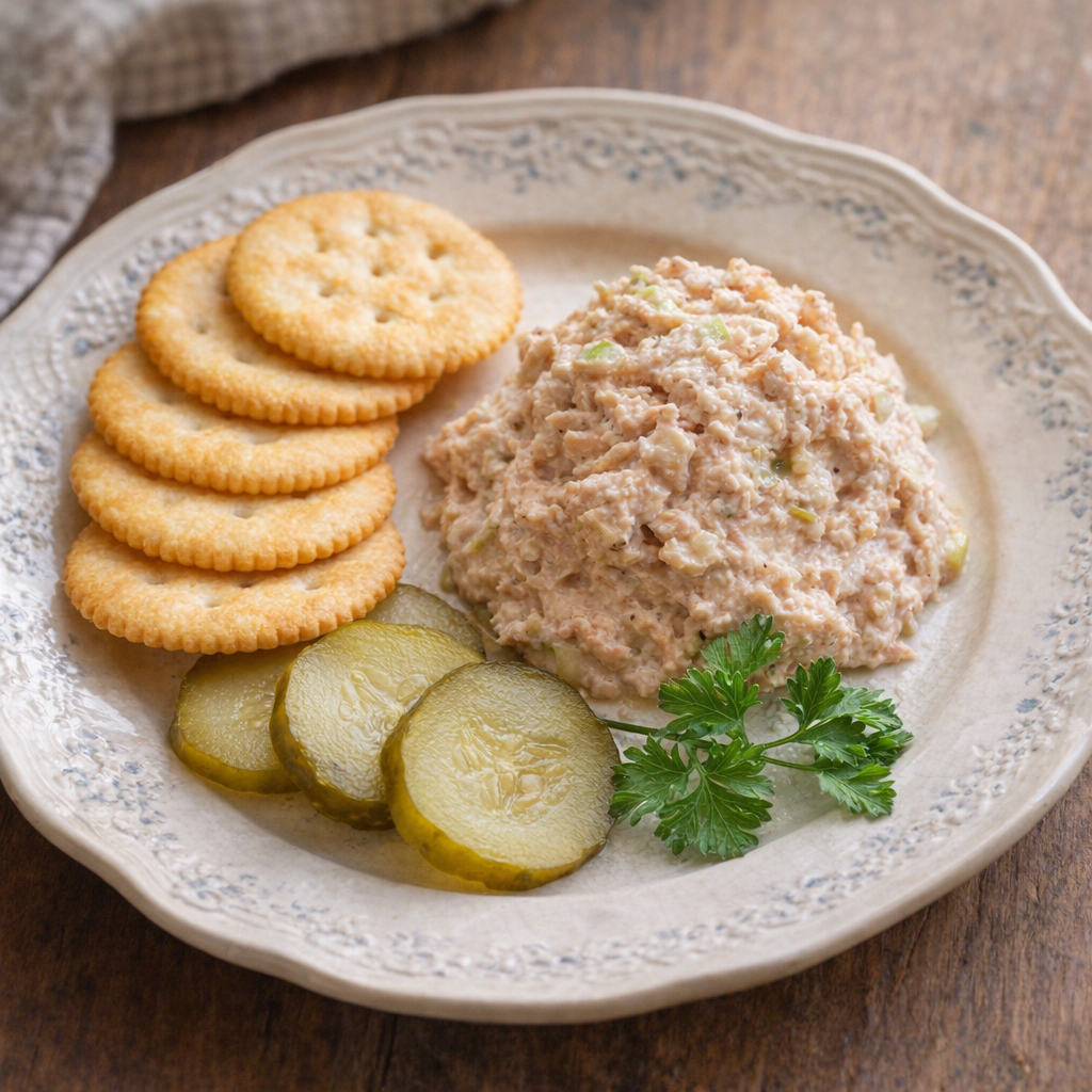 Simple tuna salad lunch plated with crackers and pickles
