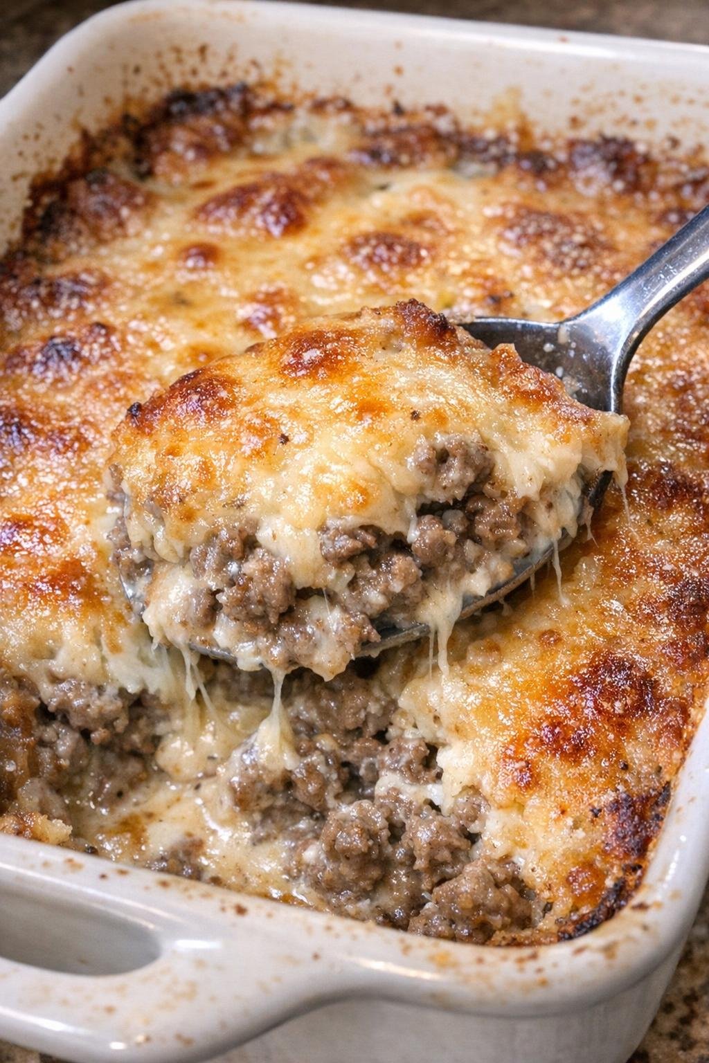 Close-up of cheesy baked beef casserole