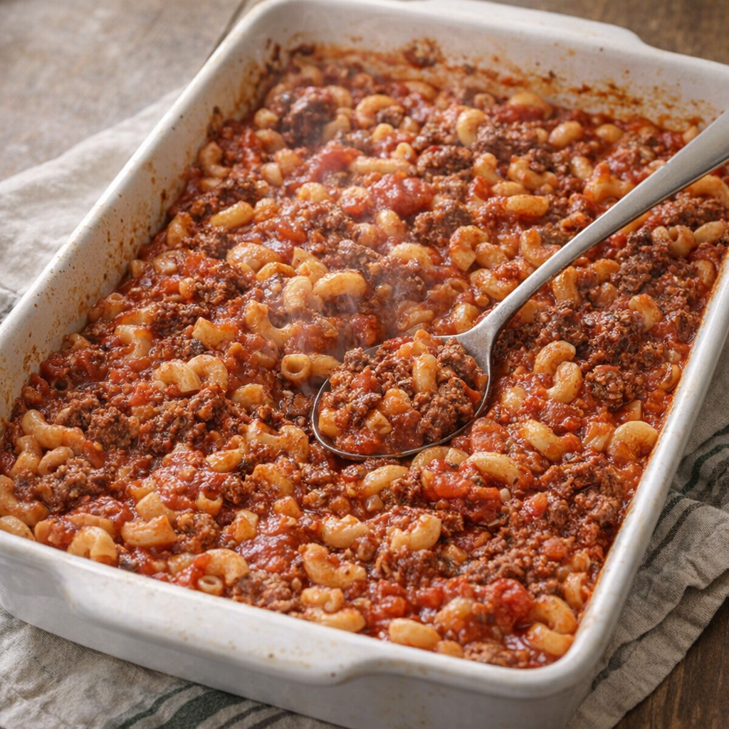 Rustic Amish-style goulash served in a baking dish on a farmhouse table
