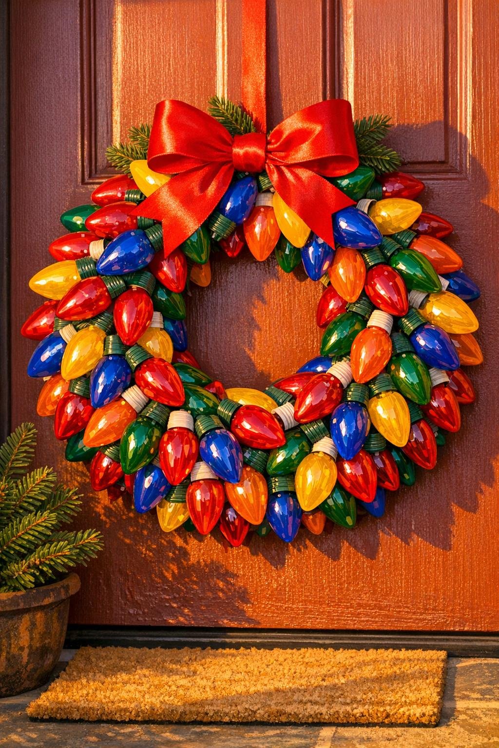 Finished colorful wreath made from salvaged Christmas bulbs hanging on a front door