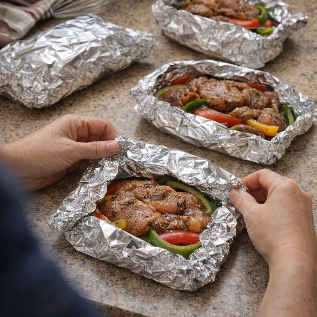 Hands sealing foil packets filled with chicken and peppers