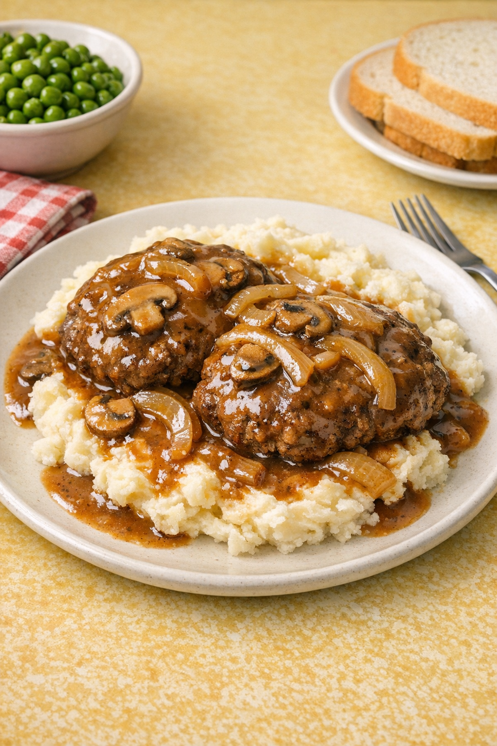 Finished smothered hamburger patties with gravy, onions, and mushrooms on a dinner plate