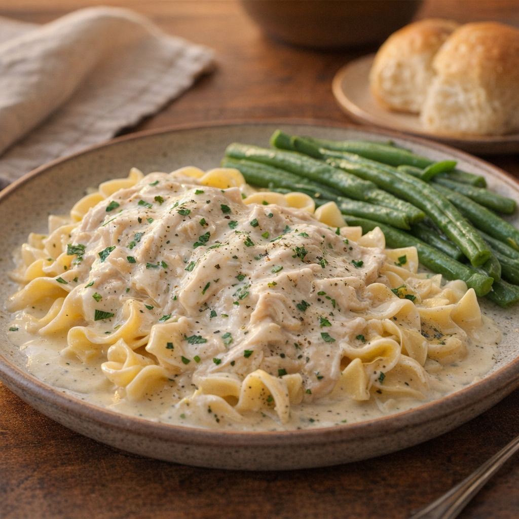 Creamy ranch chicken over buttered egg noodles with green beans