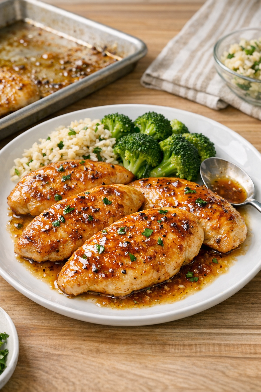 Finished baked chicken cutlets on a dinner plate