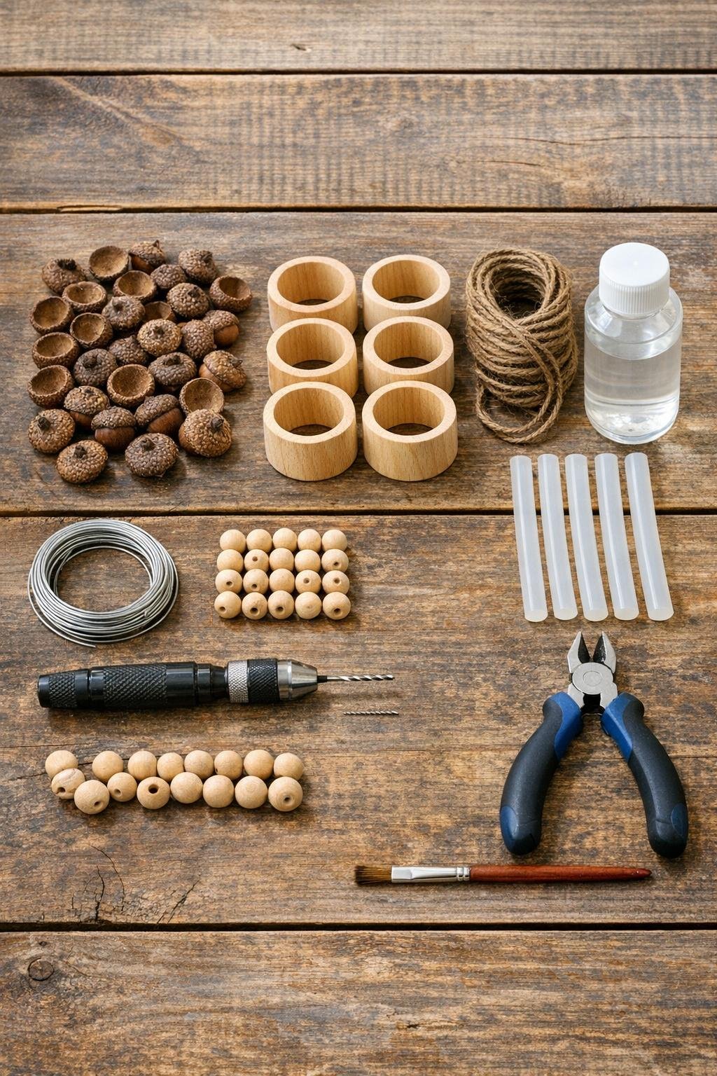 Materials for acorn top napkin rings laid out on a table