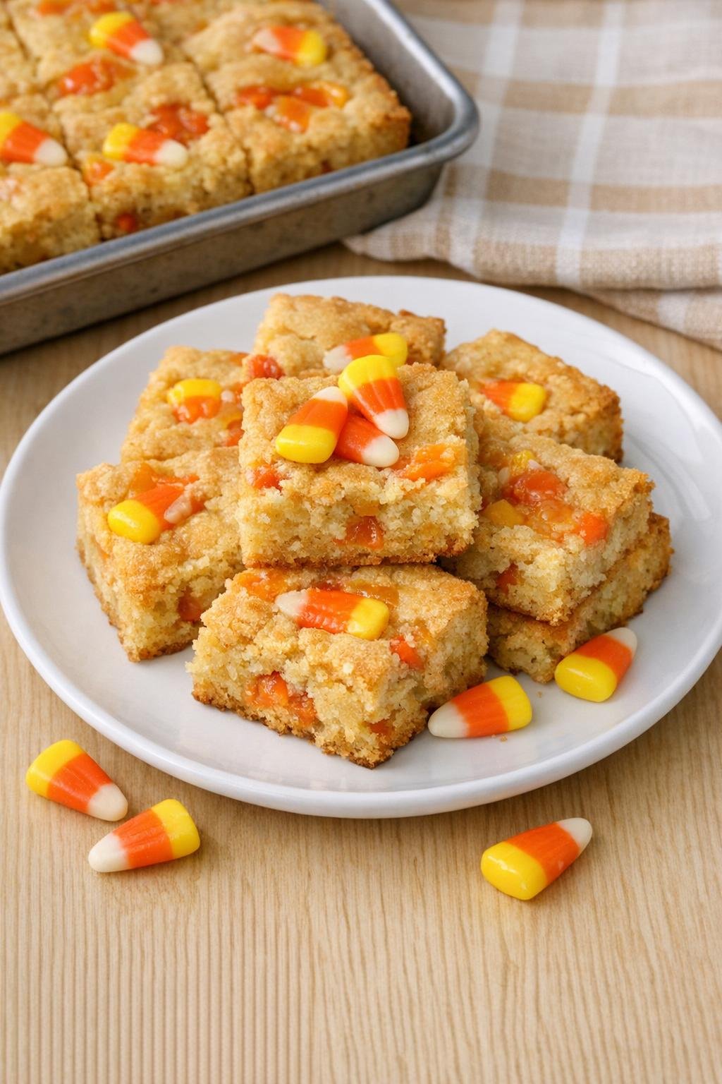 Finished candy corn blondie bars on a simple plate