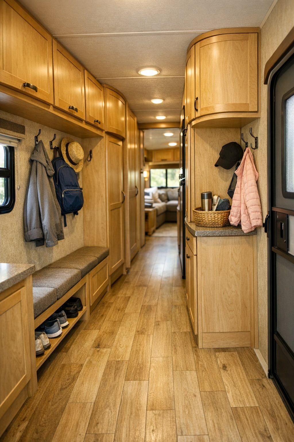 Thoughtful RV hallway and entry storage with maple built-ins and open circulation