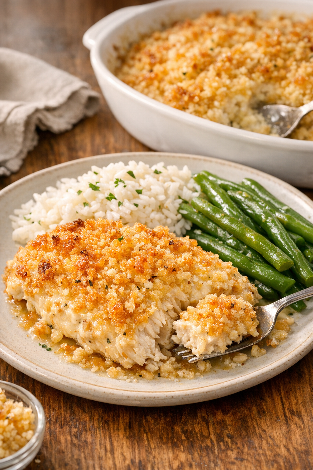 Finished chicken imperial plated with family-style sides