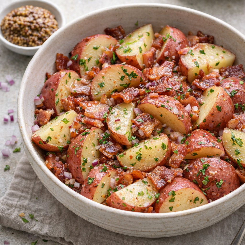 German potato salad garnished with parsley and mustard variation ingredients nearby