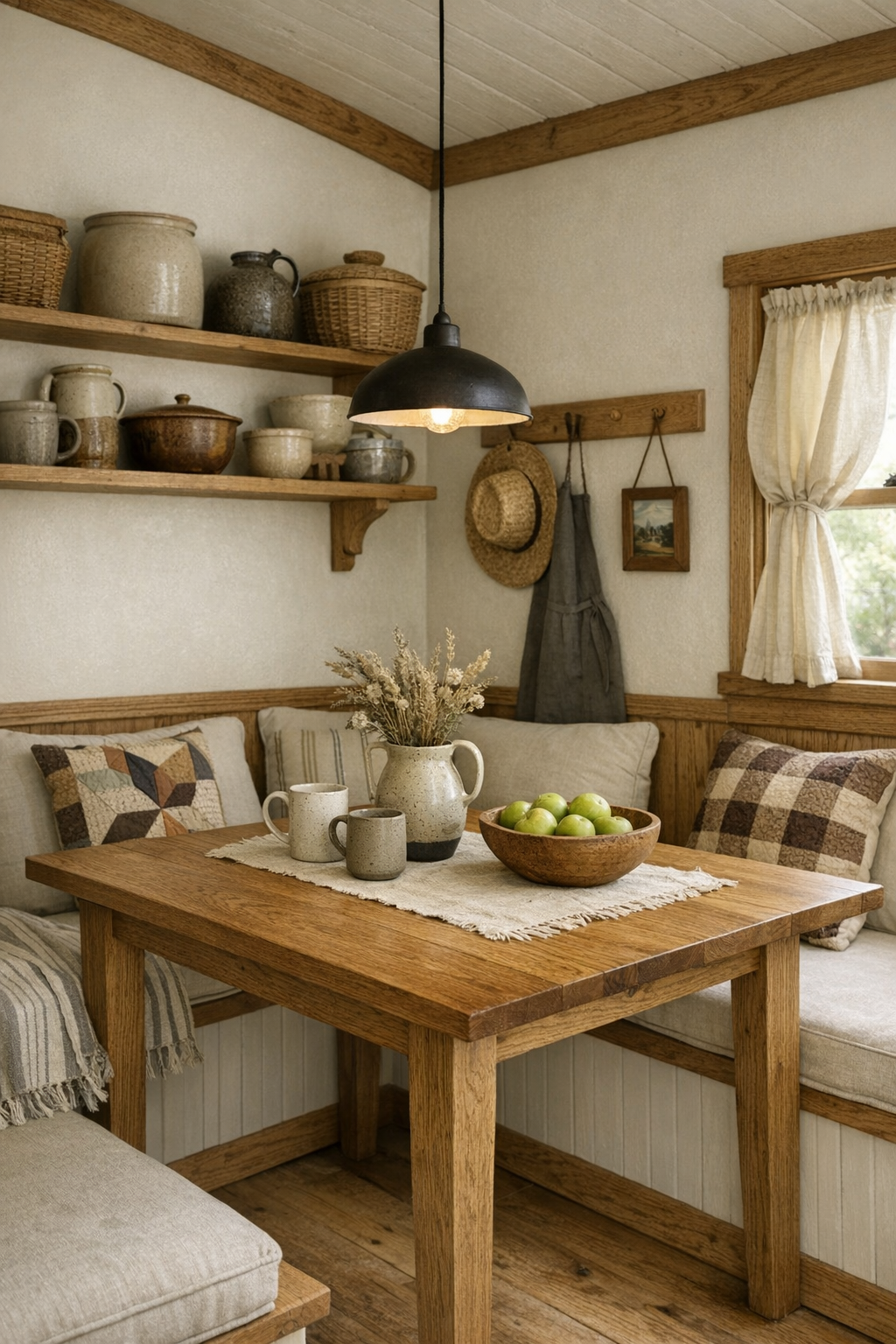 Cozy dining area with a solid wood table and built-in bench